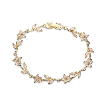 “Camellia Vine” Gold-Tone Brass Multicolor Zircon Flower Bracelet