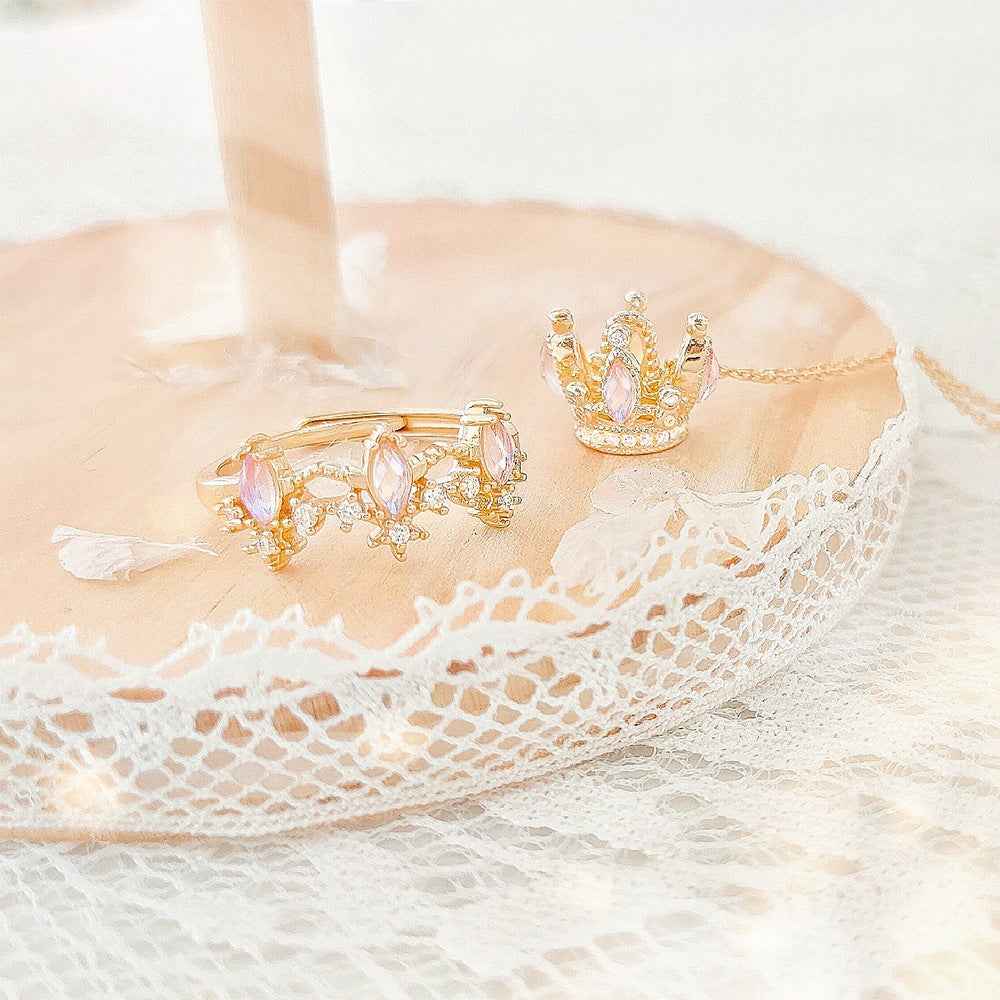 “Starlit Crown” 925 Sterling Silver Crystal Crown Necklace & Adjustable Ring Set