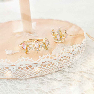 “Starlit Crown” 925 Sterling Silver Crystal Crown Necklace & Adjustable Ring Set