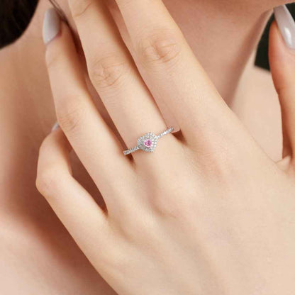 “Twilight Double Heart” 925 Sterling Silver Pink Halo Ring
