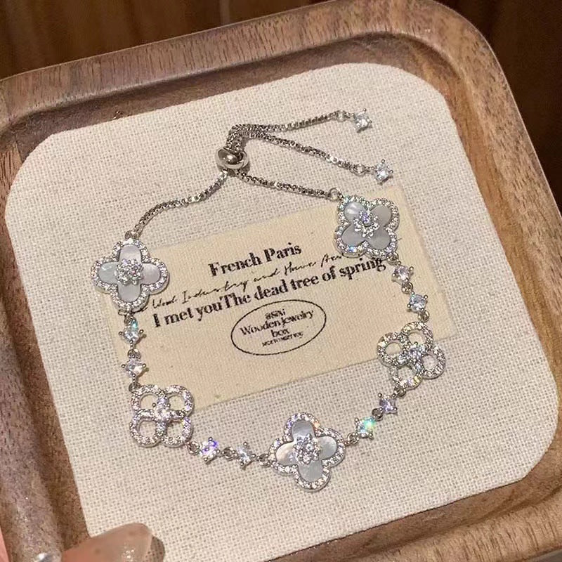 "Frosted Clover" 925 Sterling Silver Mother-of-Pearl Four-Leaf Bracelet