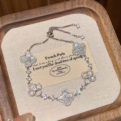 "Frosted Clover" 925 Sterling Silver Mother-of-Pearl Four-Leaf Bracelet