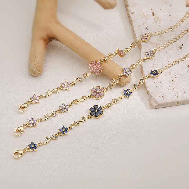 “Blossom Vine” Gold-Tone Brass Multicolor Zircon Flower Bracelet