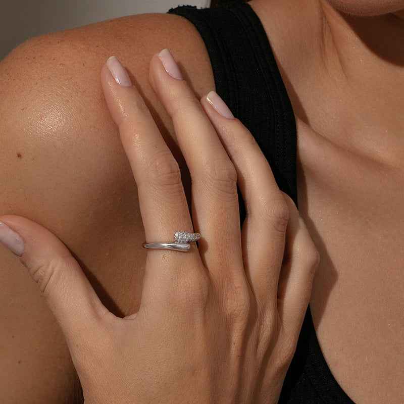 "Fluid Arc" 925 Sterling Silver Pavé Crossover Ring