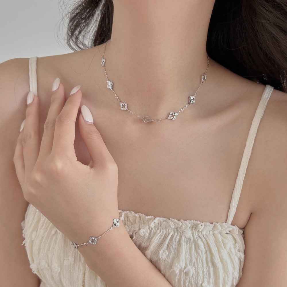 “Luster Clover” 925 Sterling Silver Laser-Cut Clover Necklace & Bracelet Set