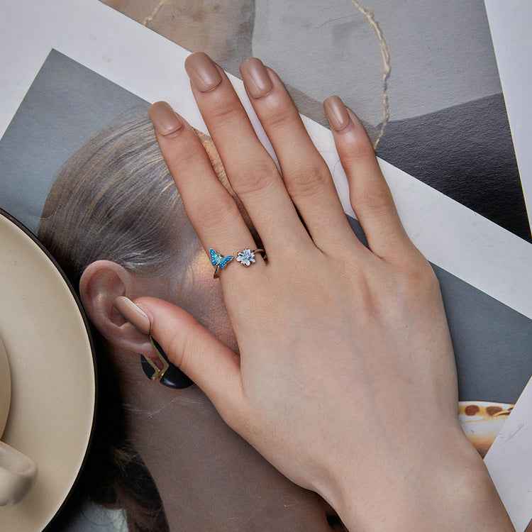 “Blue Flutter Bloom” S925 Sterling Silver Open Ring