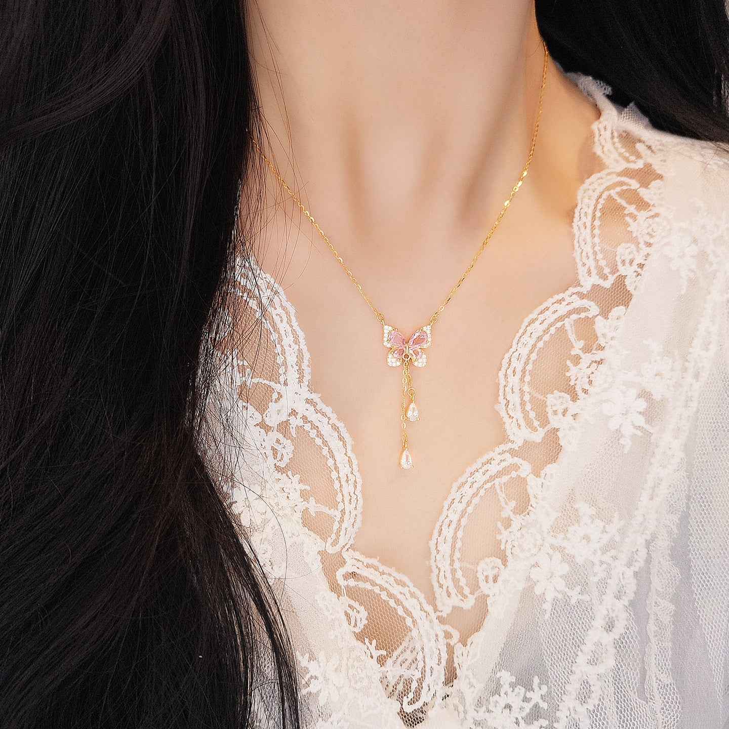 “Blush Flutter” 925 Sterling Silver Pink Butterfly Tassel Necklace
