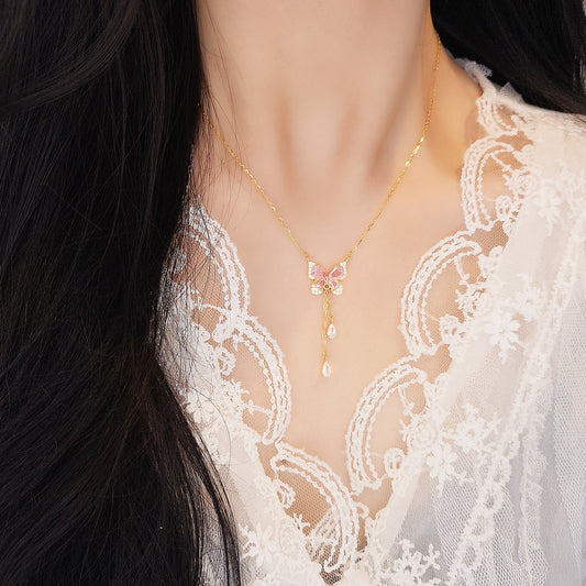 “Blush Flutter” 925 Sterling Silver Pink Butterfly Tassel Necklace