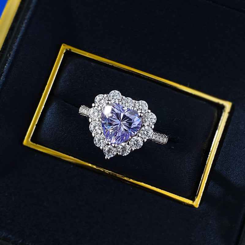 “Lavender Crown” 925 Sterling Silver Heart Halo High Carbon Diamond Ring