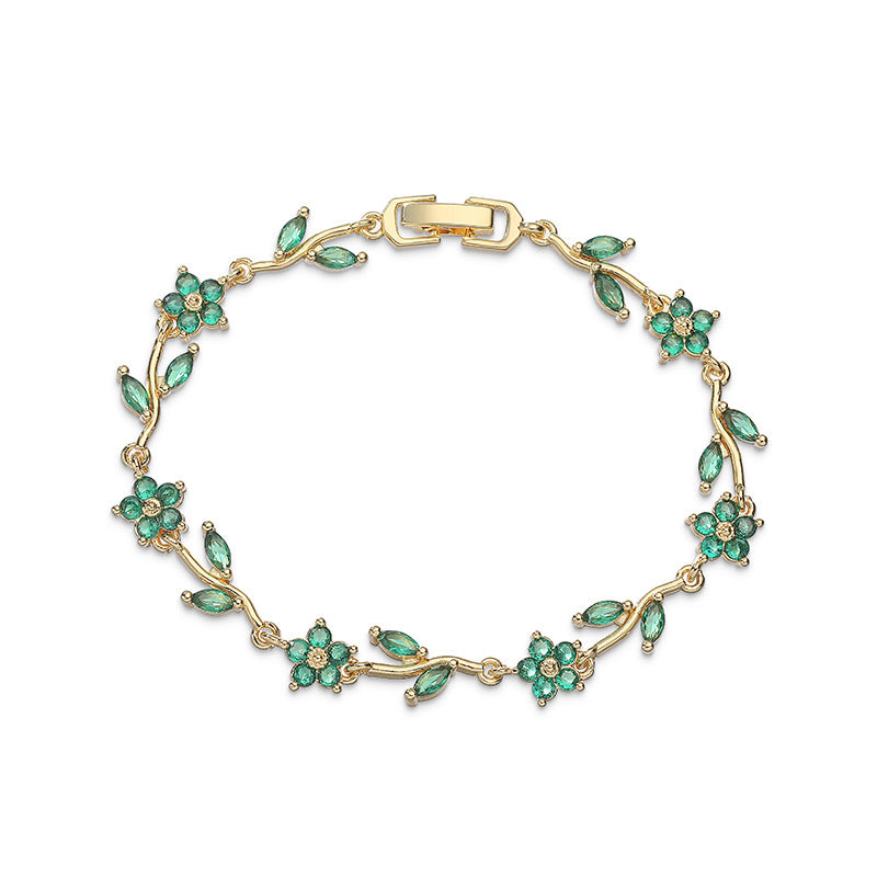 “Camellia Vine” Gold-Tone Brass Multicolor Zircon Flower Bracelet
