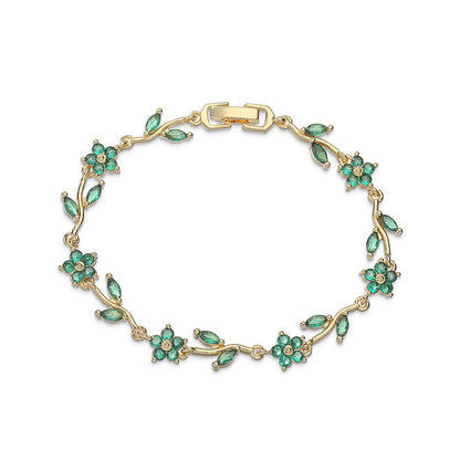 “Camellia Vine” Gold-Tone Brass Multicolor Zircon Flower Bracelet