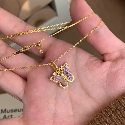 “Lavender Monarch” S925 Sterling Silver Gold Plated Enamel Butterfly Necklace