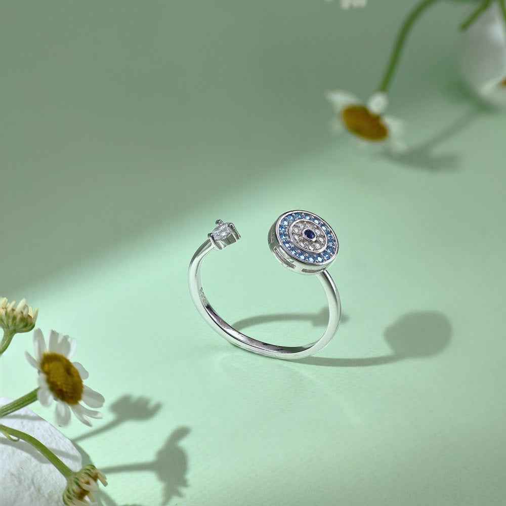 “Azure Guardian” 925 Sterling Silver Rotating Evil Eye Open Ring