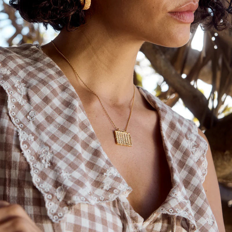 “Golden Relic” 18K Real Gold Plated Brass Geometric Square Pendant Necklace