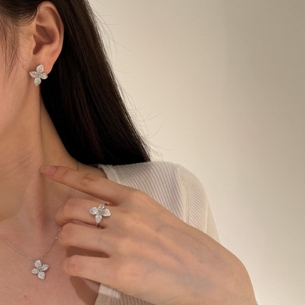 “Aurelia Bloom” S925 Sterling Silver Pavé Flower Jewelry Set
