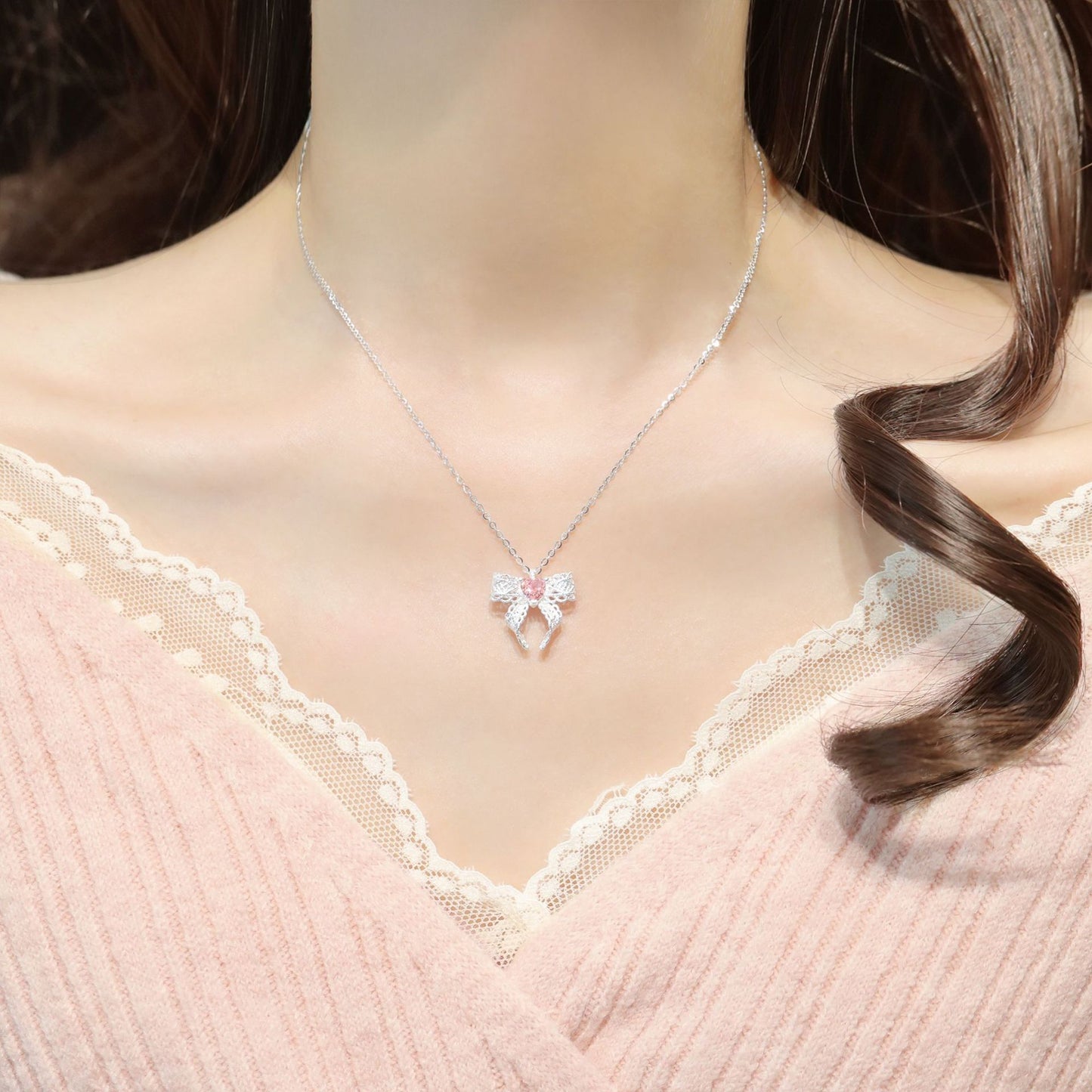 Lace Rosé Bow 925 Sterling Silver Pink Crystal Bow Necklace