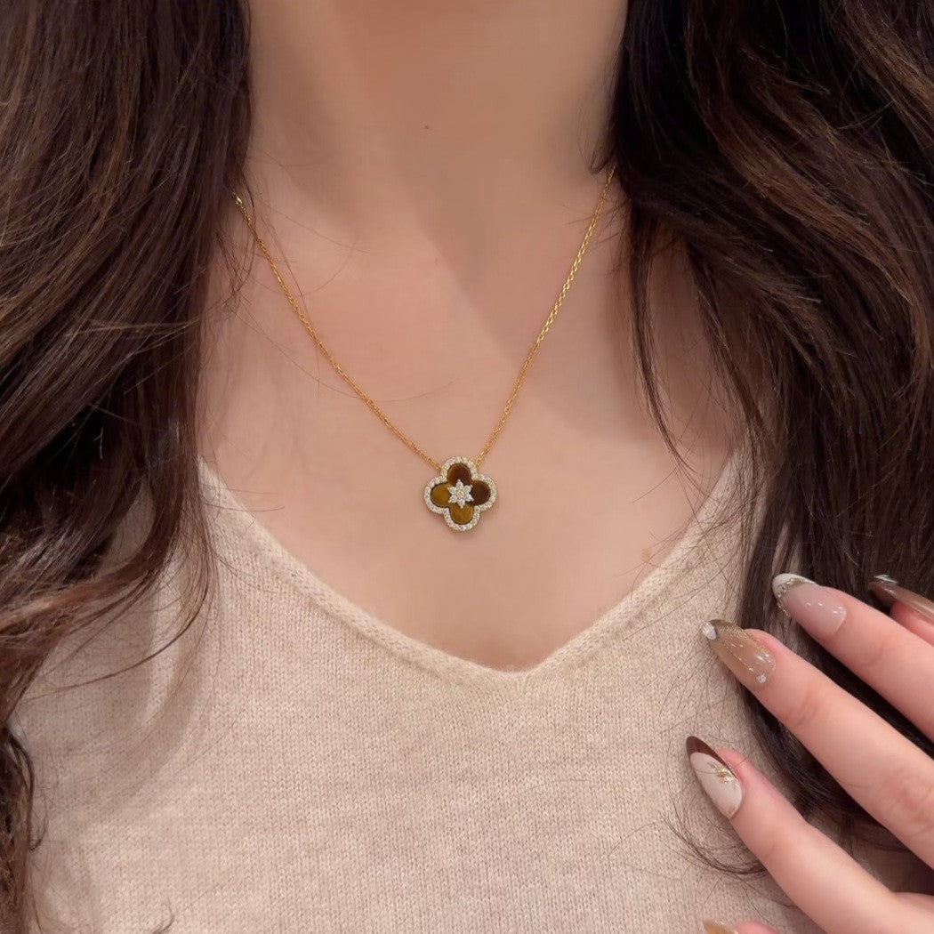 “Tiger Clover Radiance” 925 Sterling Silver Tiger Eye Four-Leaf Clover Jewelry Set