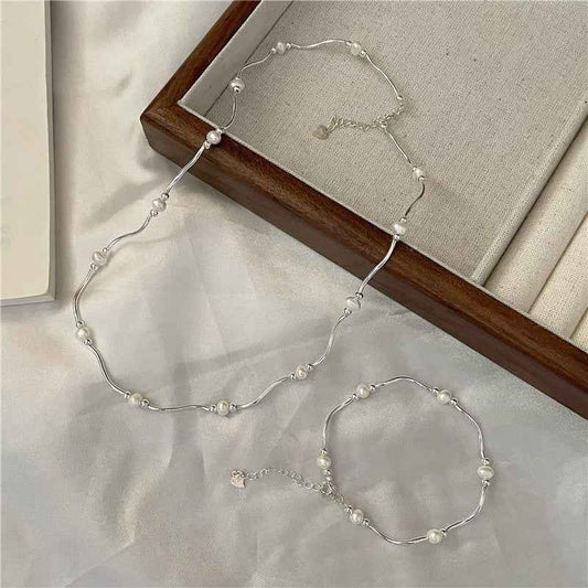 "Waves & Pearls" 925 Sterling Silver Necklace & Bracelet