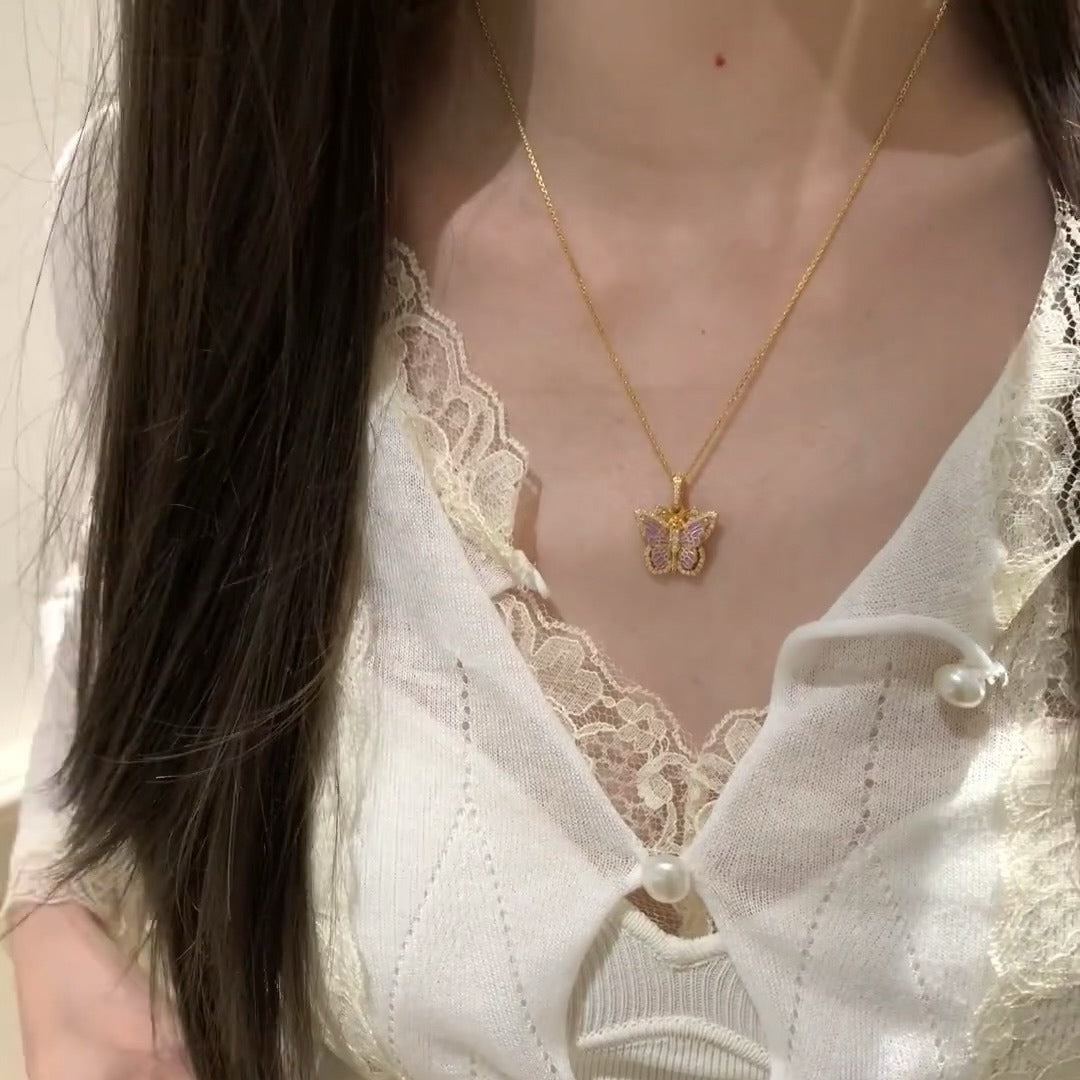 “Lavender Monarch” S925 Sterling Silver Gold Plated Enamel Butterfly Necklace