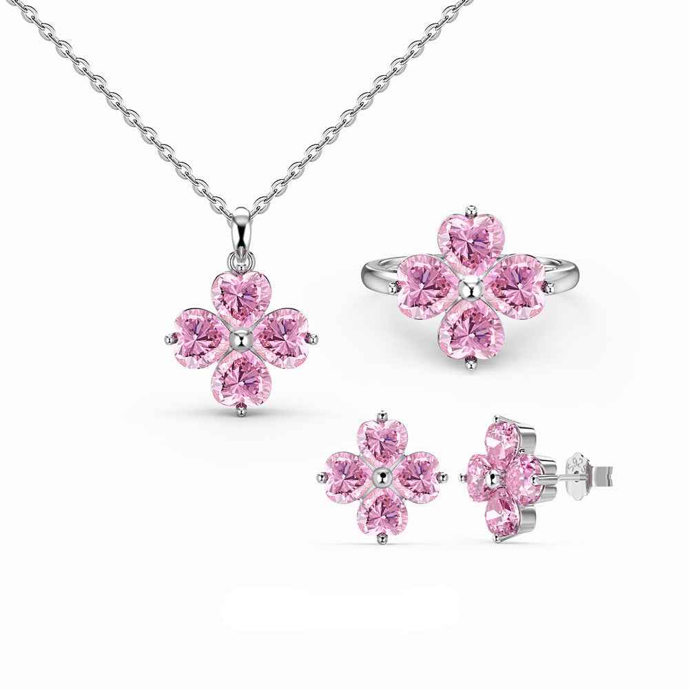 "Sakura Heart" 925 Sterling Silver Pink Zircon Jewelry Set
