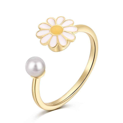 “Daisy Glow” 925 Sterling Silver Adjustable Flower & Pearl Open Ring