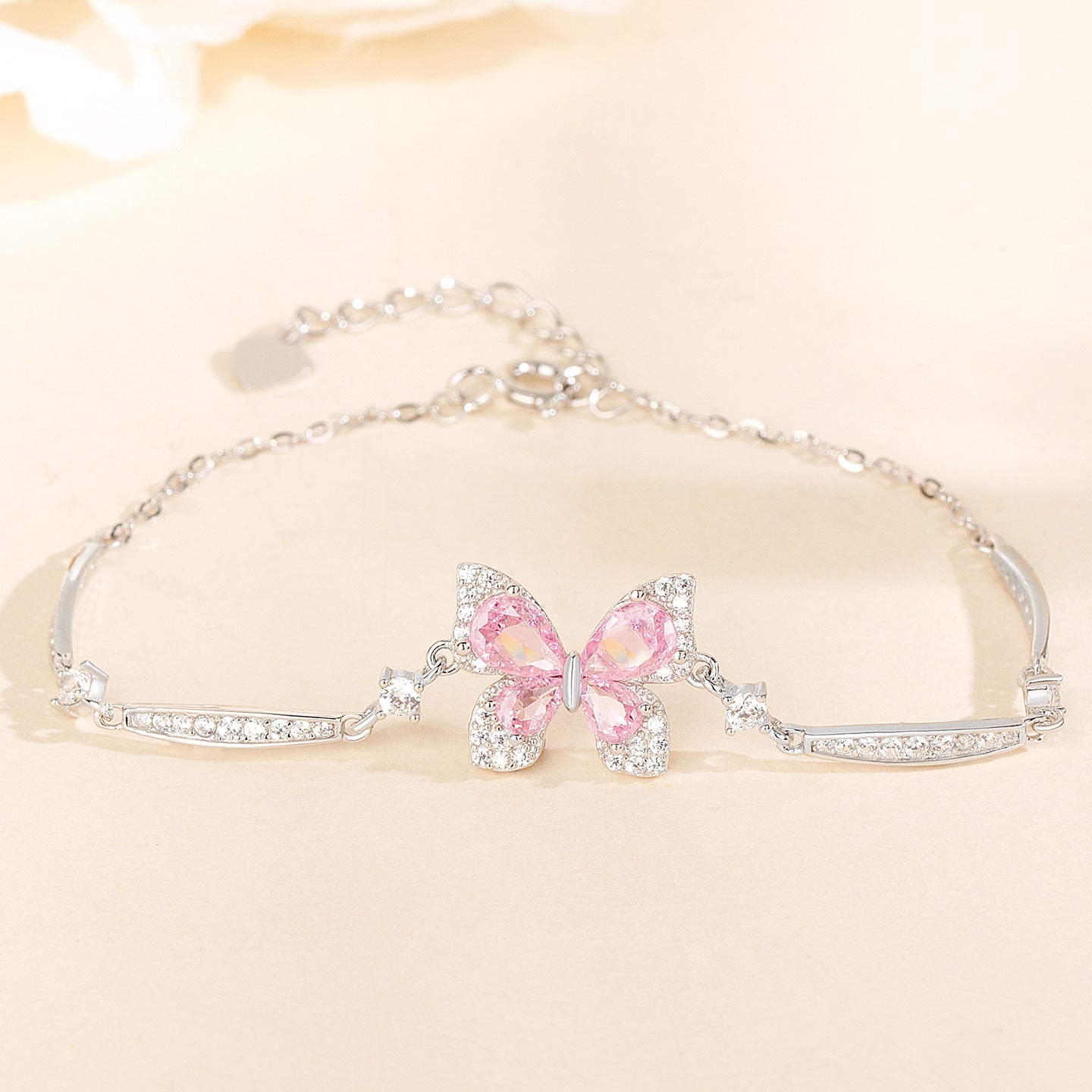 “Pink Flutter” S925 Sterling Silver Pavé Butterfly Bracelet