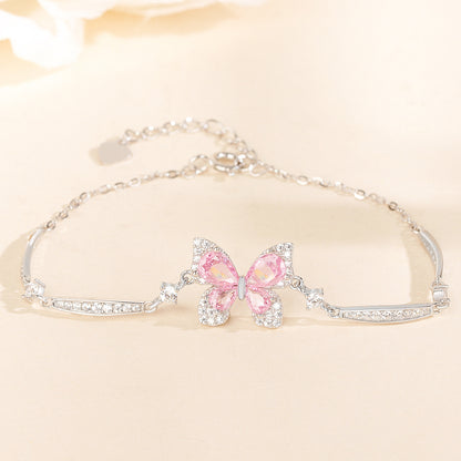 “Pink Flutter” S925 Sterling Silver Pavé Butterfly Bracelet