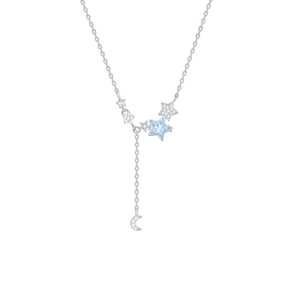 “Frosted Luna” S925 Sterling Silver Icy Blue Moon & Star Tassel Jewelry Set