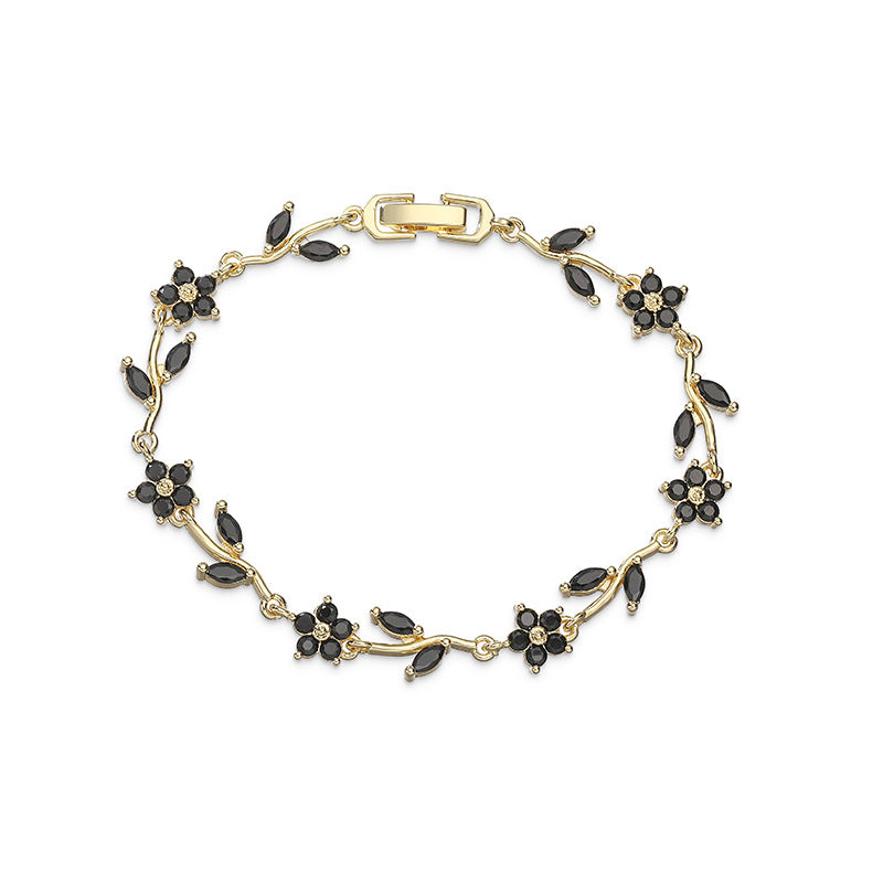 “Camellia Vine” Gold-Tone Brass Multicolor Zircon Flower Bracelet