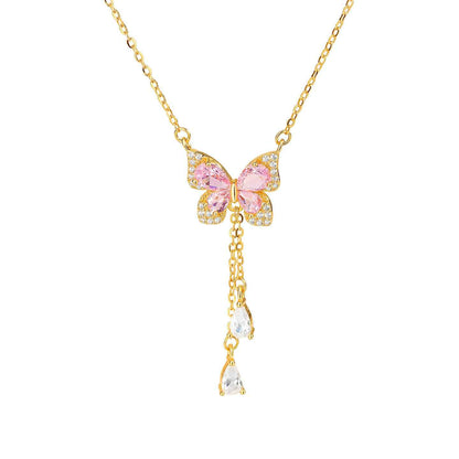 “Blush Flutter” 925 Sterling Silver Pink Butterfly Tassel Necklace