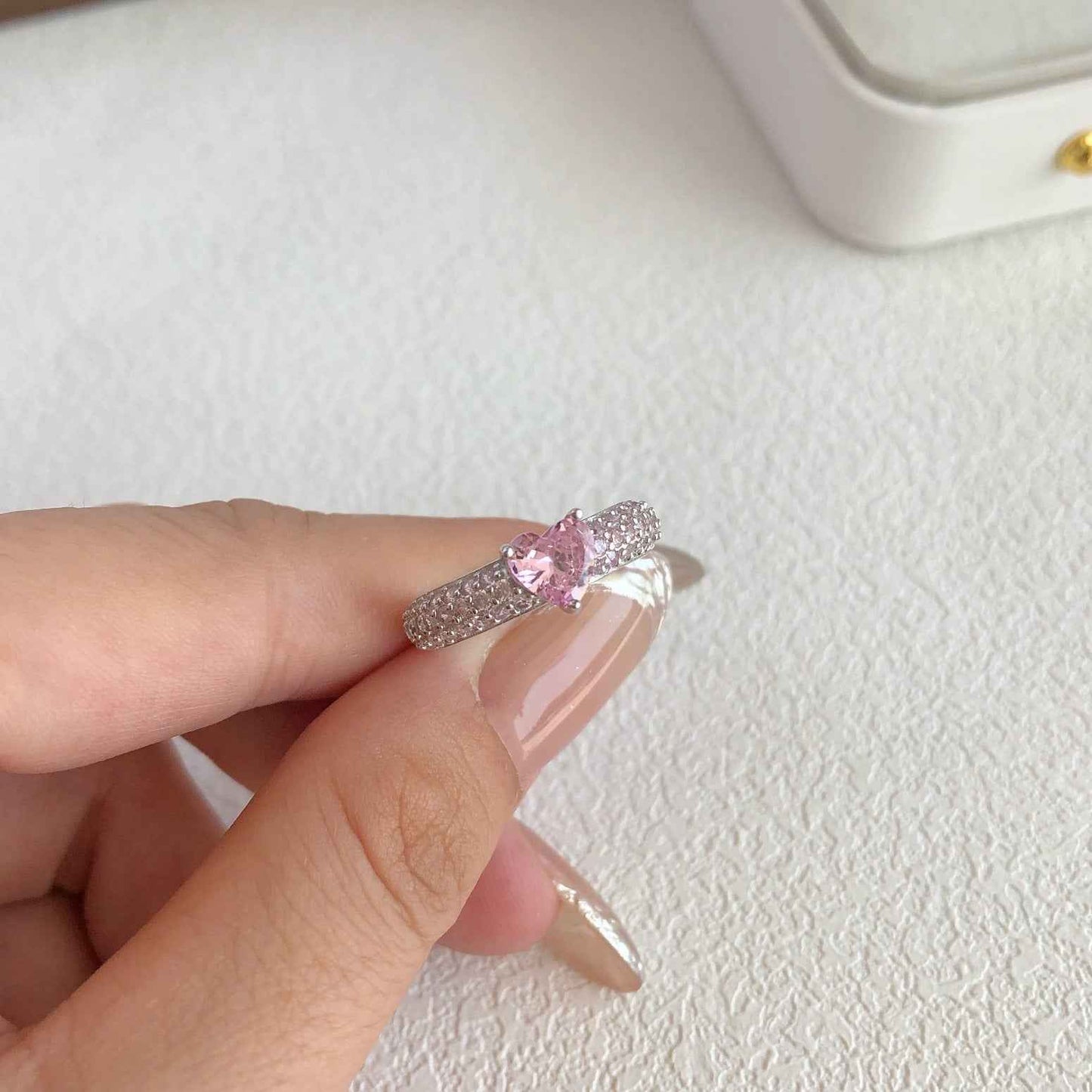 “Rosy Glimmer” 925 Sterling Silver Pink Pavé Heart Ring