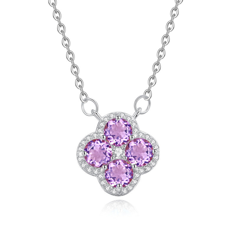 “Amethyst Clover” S925 Sterling Silver Natural Amethyst Clover Jewelry Set (Necklace & Earrings)