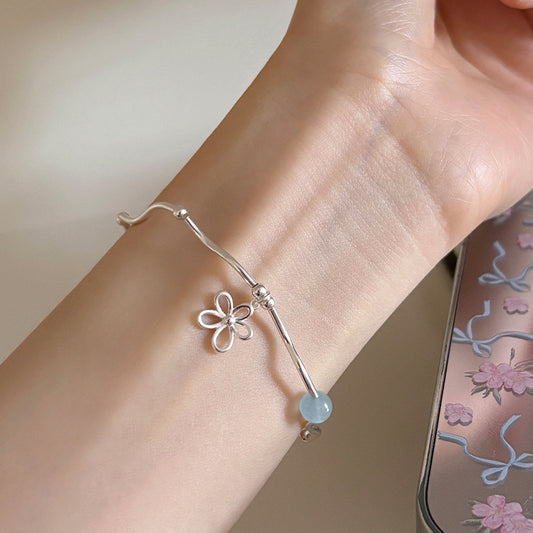 “Azure Bloom” S925 Sterling Silver Aquamarine Flower Bracelet