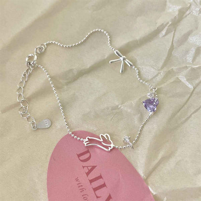 “Bunny Charm Heart” 925 Sterling Silver Sweet Lavender Zircon Bracelet