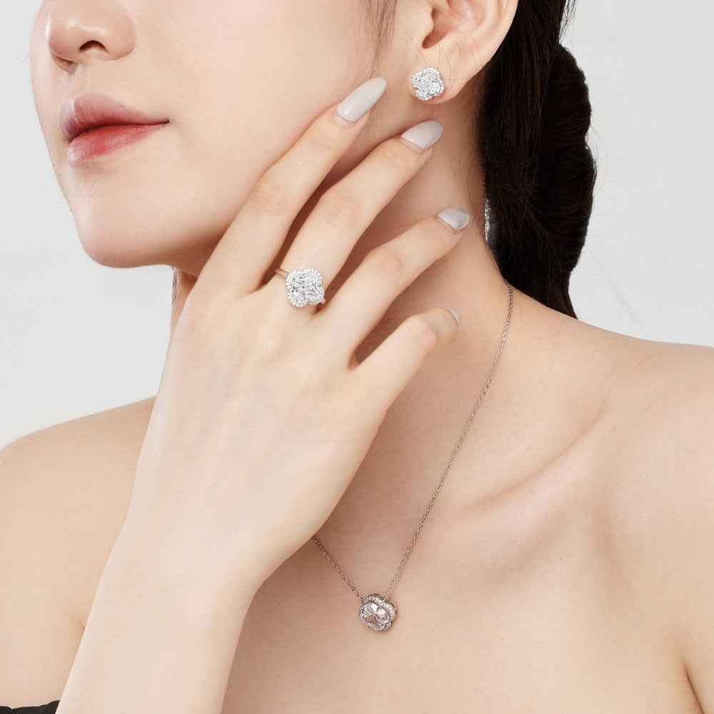 “Clover Brilliance” S925 Sterling Silver Pavé Clover Jewelry Set (Necklace, Earrings & Ring)