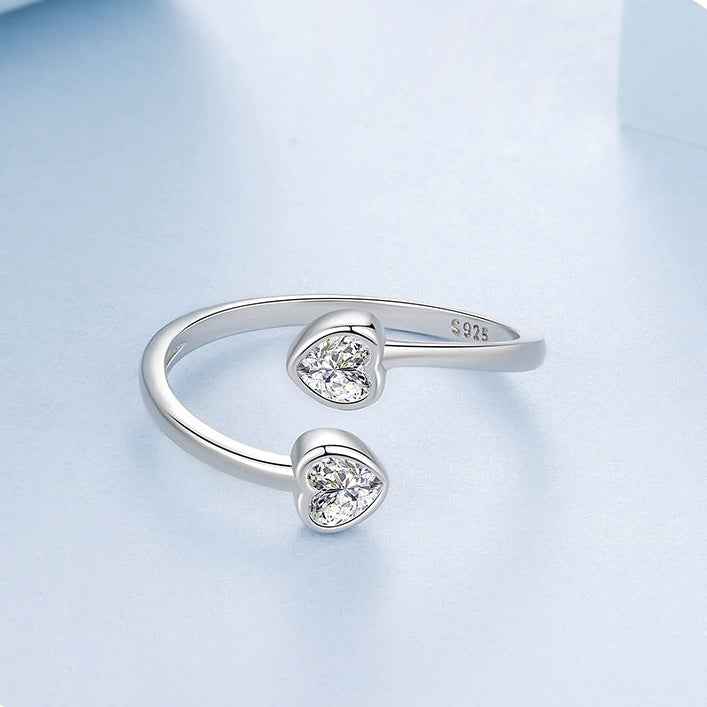 “Twin Heart Whisper” 925 Sterling Silver Adjustable Open Heart Ring