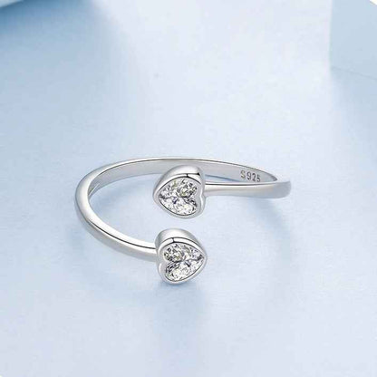 “Twin Heart Whisper” 925 Sterling Silver Adjustable Open Heart Ring