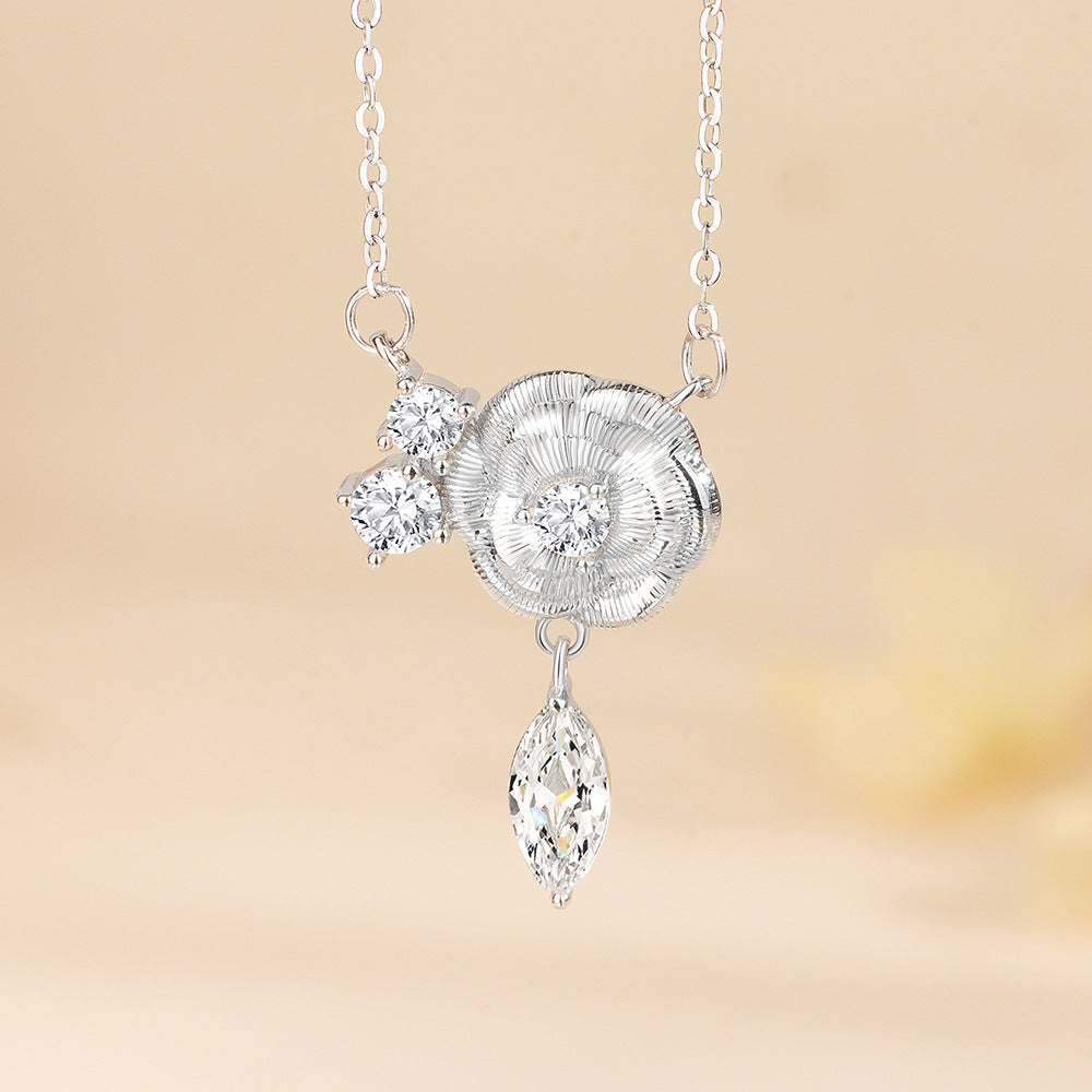 “Camellia Muse” S925 Sterling Silver Vintage Brushed Camellia Jewelry Set (Necklace & Earrings)