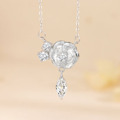 “Camellia Muse” S925 Sterling Silver Vintage Brushed Camellia Jewelry Set (Necklace & Earrings)