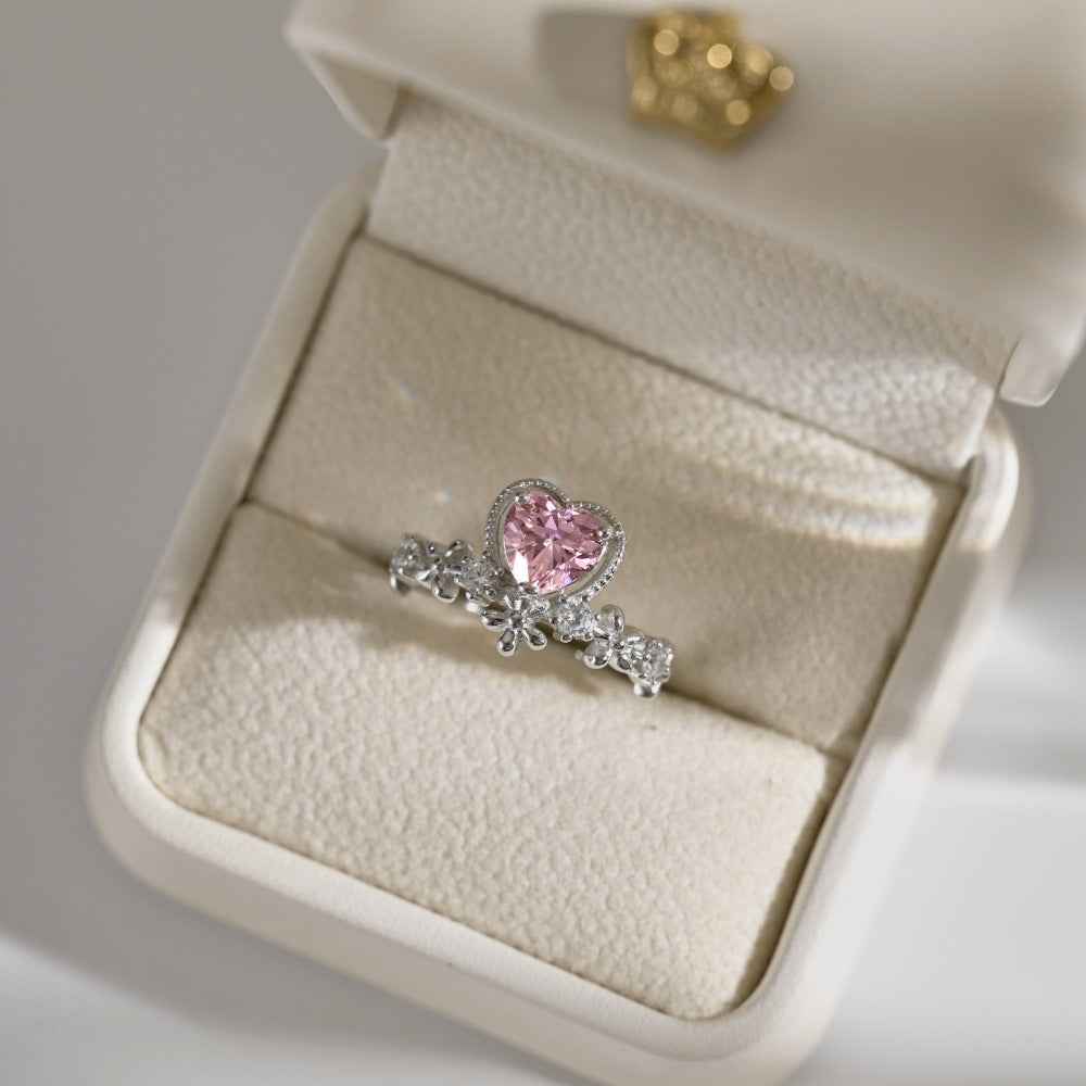 “Blossom Amour” 925 Sterling Silver Pink Heart & Floral Ring