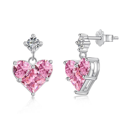 “Pink Prism Heart” S925 Sterling Silver Geometric Heart Zircon Jewelry Set (Necklace & Stud Earrings)