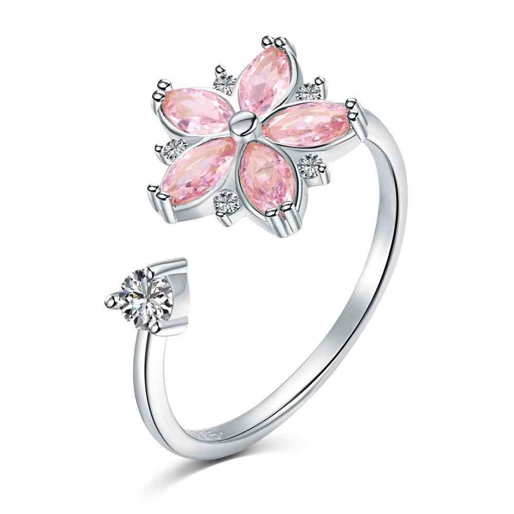 “Blooming Spin” 925 Sterling Silver Rotating Pink Blossom Ring