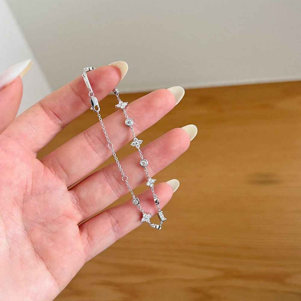 “Flutter Bloom” 925 Sterling Silver Clover & Butterfly Bracelet with Moissanite