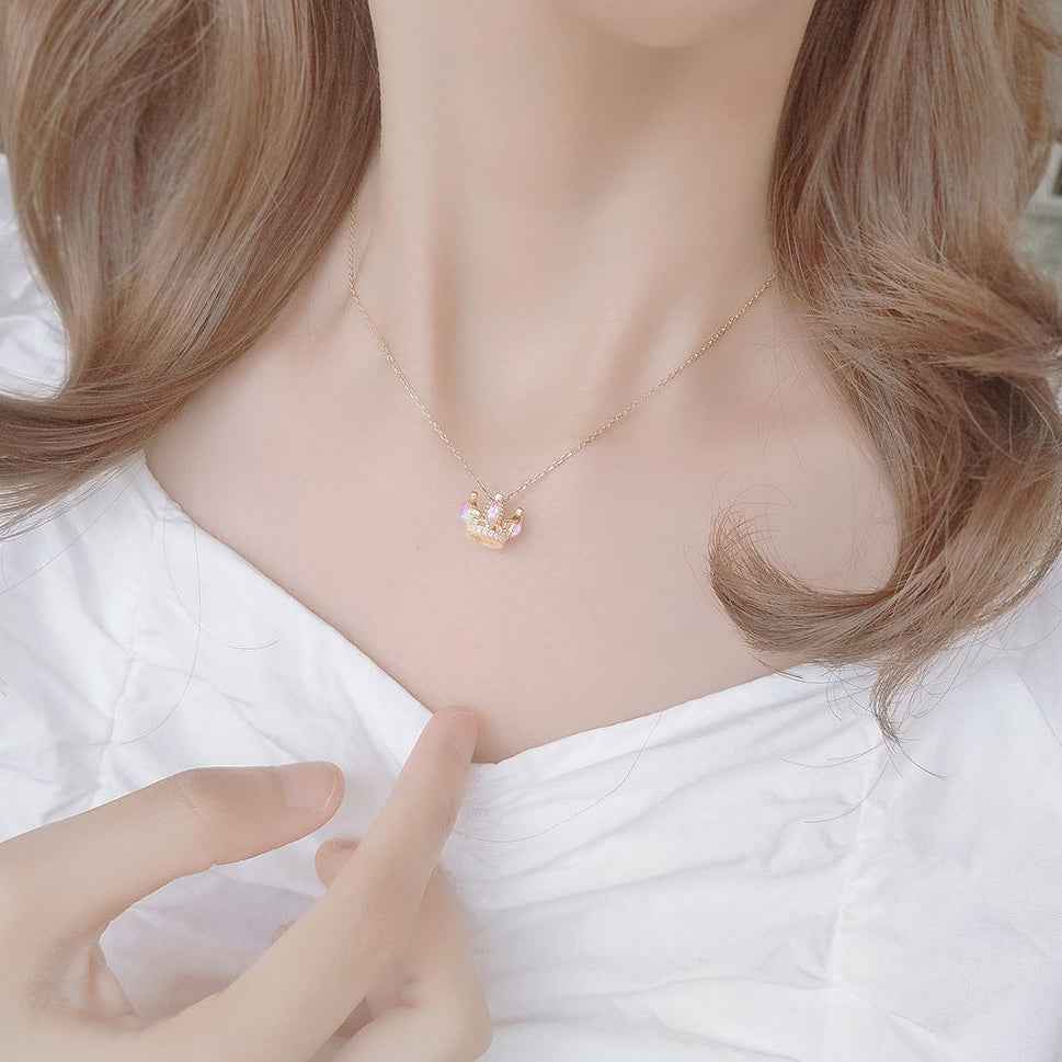 “Starlit Crown” 925 Sterling Silver Crystal Crown Necklace & Adjustable Ring Set