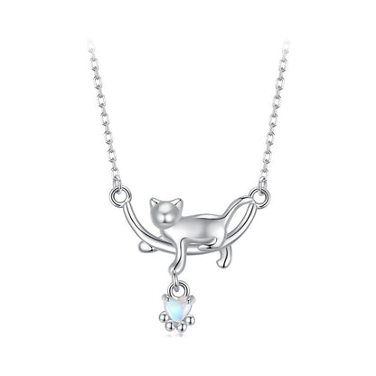 "Moonlight Cat" Platinum-Plated 925 Sterling Silver Cat Necklace with Moonstone – Playful & Elegant