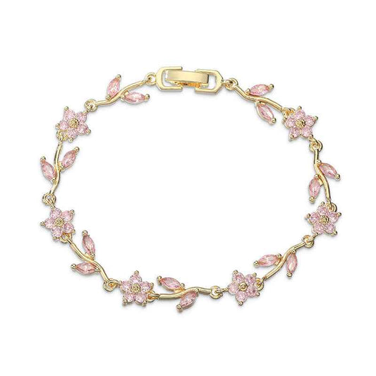 “Camellia Vine” Gold-Tone Brass Multicolor Zircon Flower Bracelet