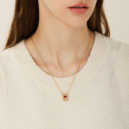 Scarlet Radiance Heart Square 18K Gold-Plated Brass Necklace