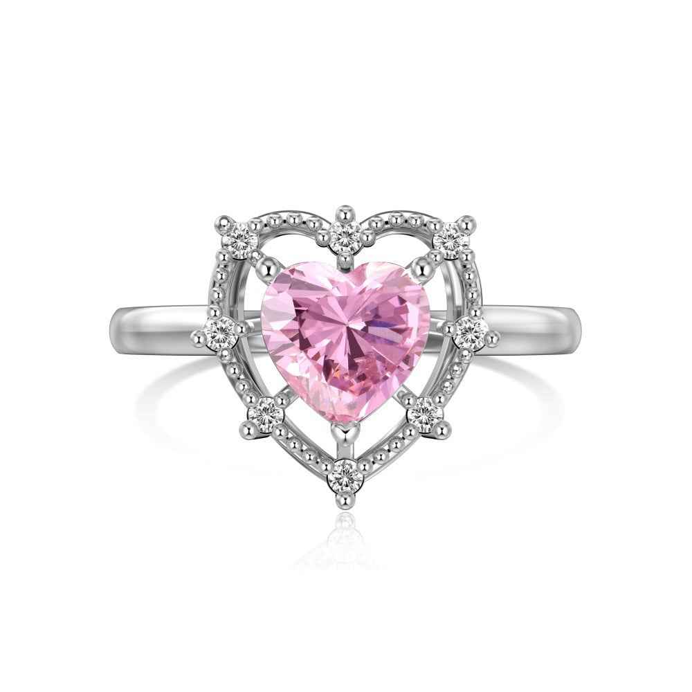 “Fairy Lace Heart” 925 Sterling Silver Pink Heart Halo Ring