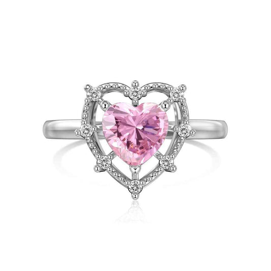 “Fairy Lace Heart” 925 Sterling Silver Pink Heart Halo Ring