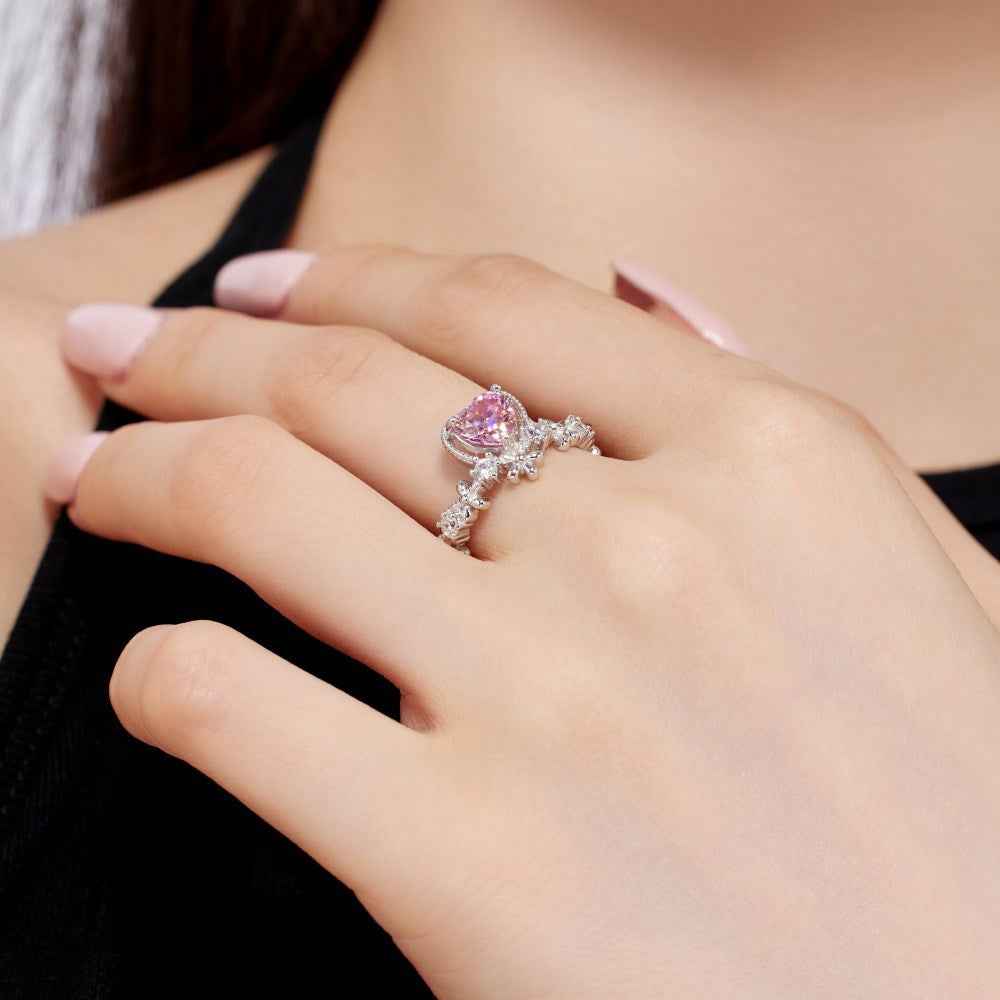 “Blossom Amour” 925 Sterling Silver Pink Heart & Floral Ring